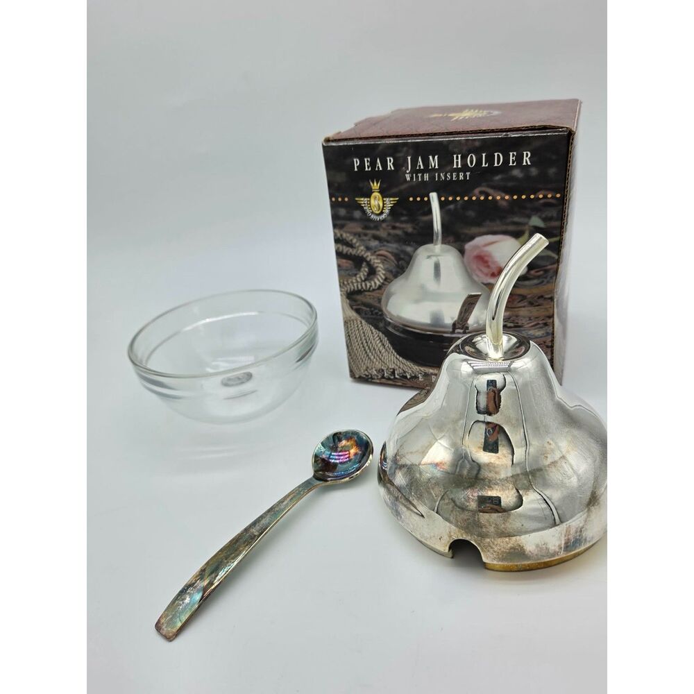 Vintage Studio Silversmiths Silver Plated Pear Jam Holder w/Spoon & Glass Insert